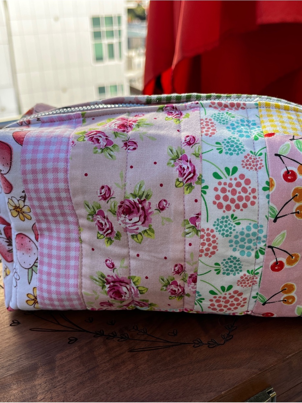 Pink Floral Patchwork Cosmetic Bag with Cherry Accents